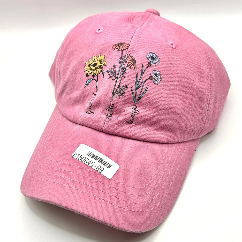 Wildflower Floral Pink Baseball Cap OS Pink Embroidered Adjustable Strap Hat